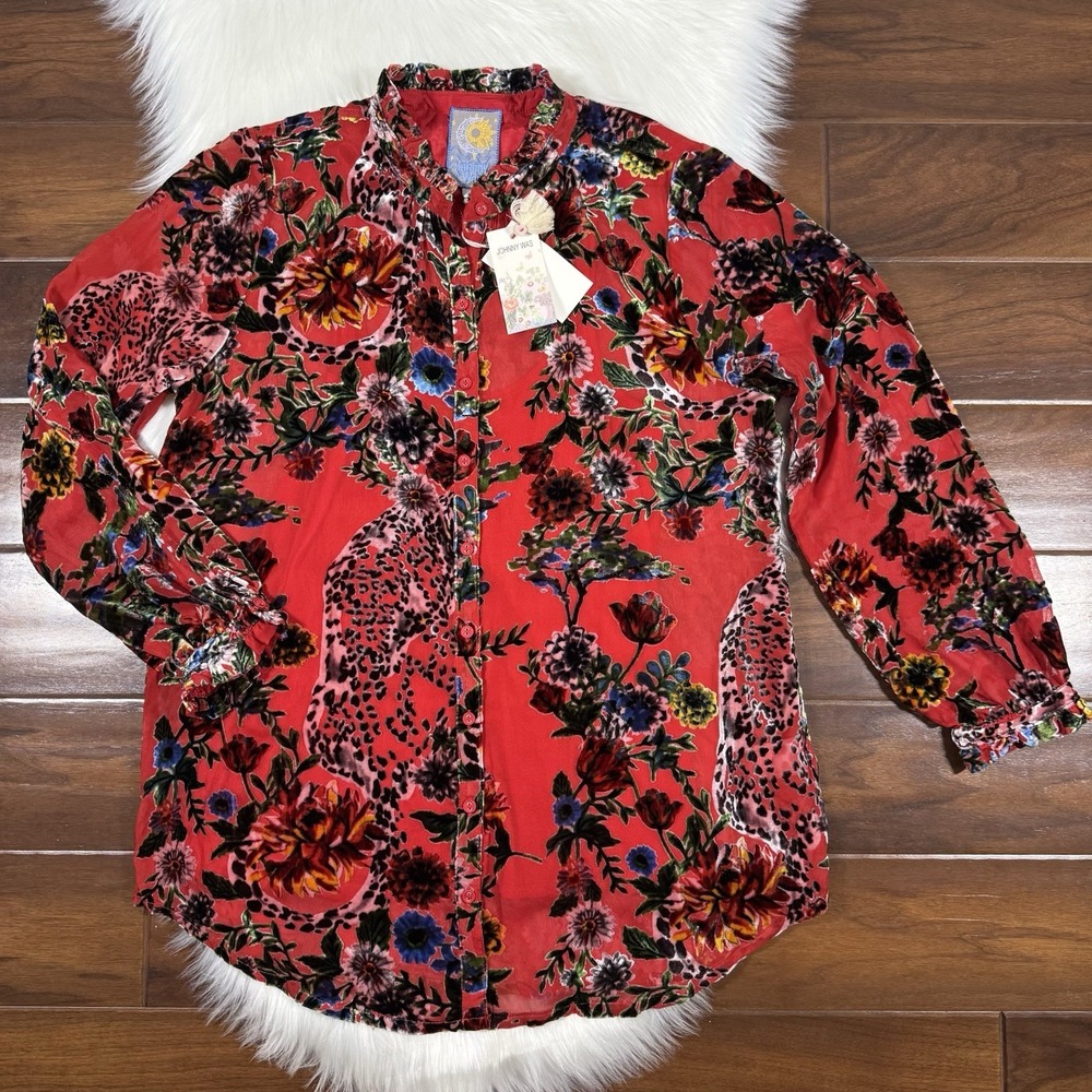 Johnny Was Women's Size Medium Red Bobcat Forest Yoella Burnout Velvet Tunic Top